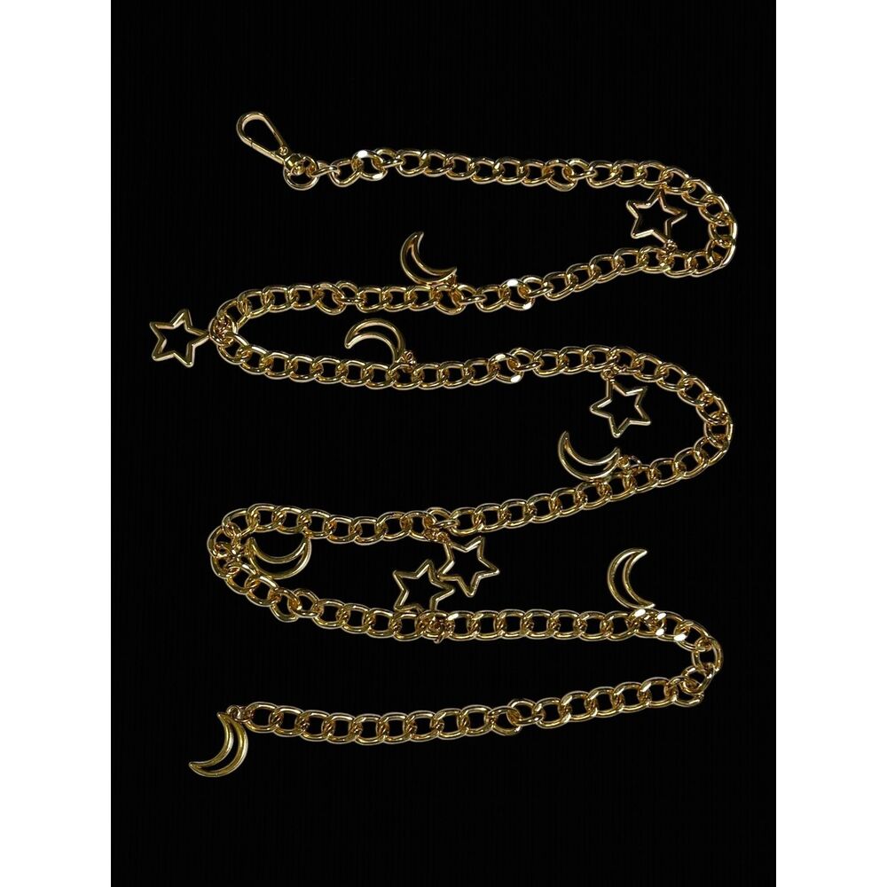 Chain Belt Womens Gold Tone Moon Star Charms Dangle Hip Waist 48" Celestial